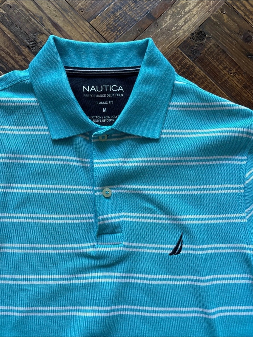 Nautica Men’s Turquoise and White Striped Performance Polo